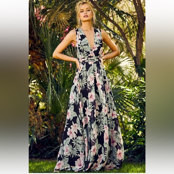 Lulu’s Love Interest Black Floral Maxi Dress M Medium Green Black Pink M - Picture 2 of 7